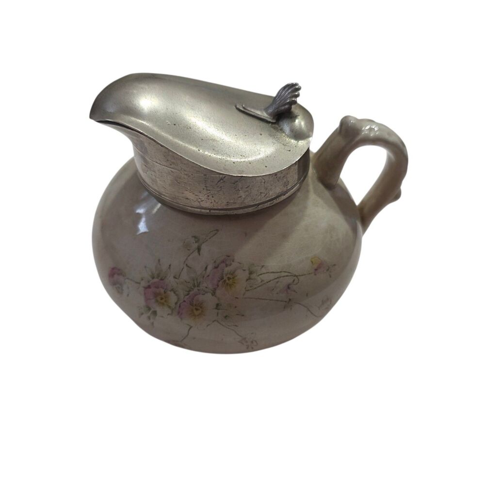 Antique Floral Porcelain Syrup Pitcher Pewter Lid M & Co Victorian Jug